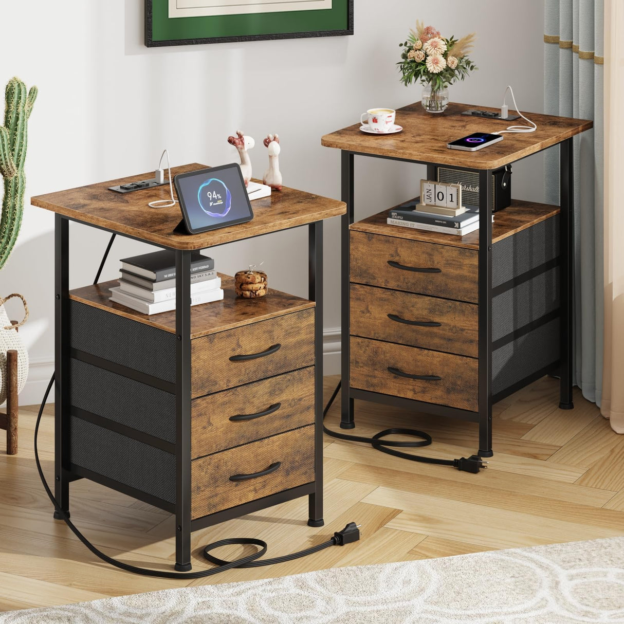 Night Stand Set 2 with 19'' D Larger Tabletop and 3 Fabric Drawer, Bedside Tables with Fast Charging Station