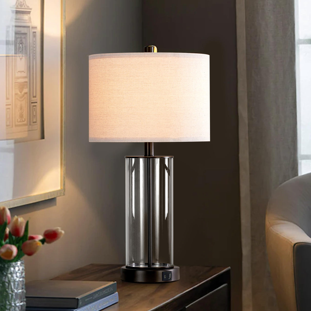 23.5'' Glass Table Lamp Set of 2 for Living Room with USB Ports and AC Outlets