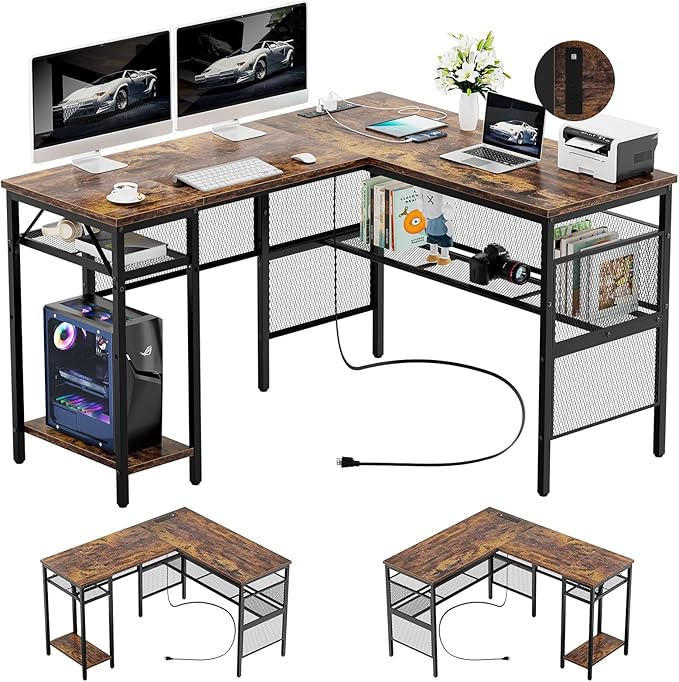 L Shaped Gaming Desk, Large Corner Computer Desk with Power Outlets and USB Ports, Sturdy Home Office Table with Storage Shelf, Attractive Grid Design Writing Desk, Black Oak
