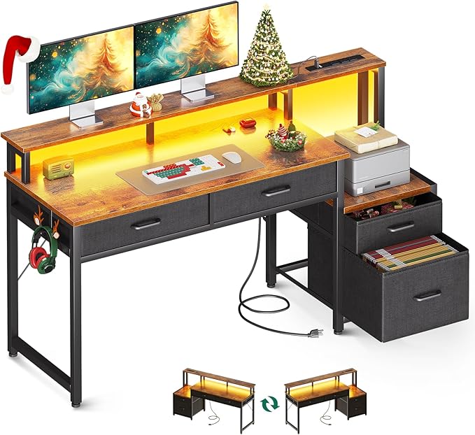 48-Inch Computer Desk with Fabric File Cabinet and Fabric Drawers, Reversible Office Desk