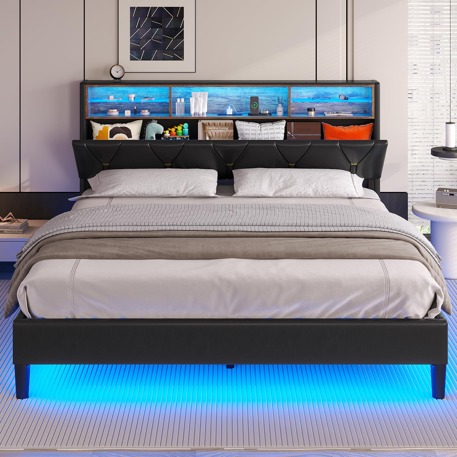 Queen Bed Frame with Storage Headboard and RGB LED Lights