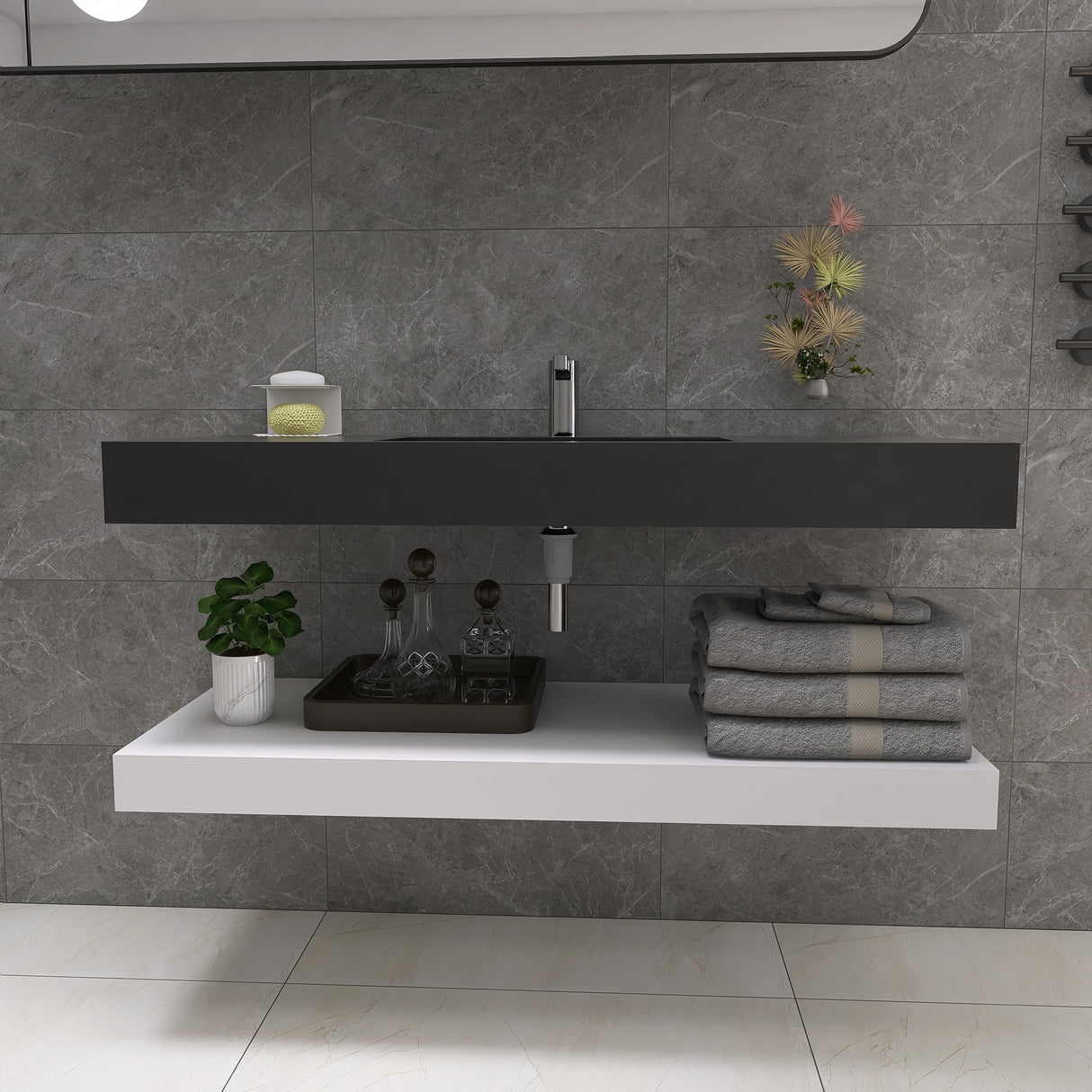 47"x19" Wall Mount Bathroom Vanity ,Bathroom Vanities with Sink Black Stone Resin