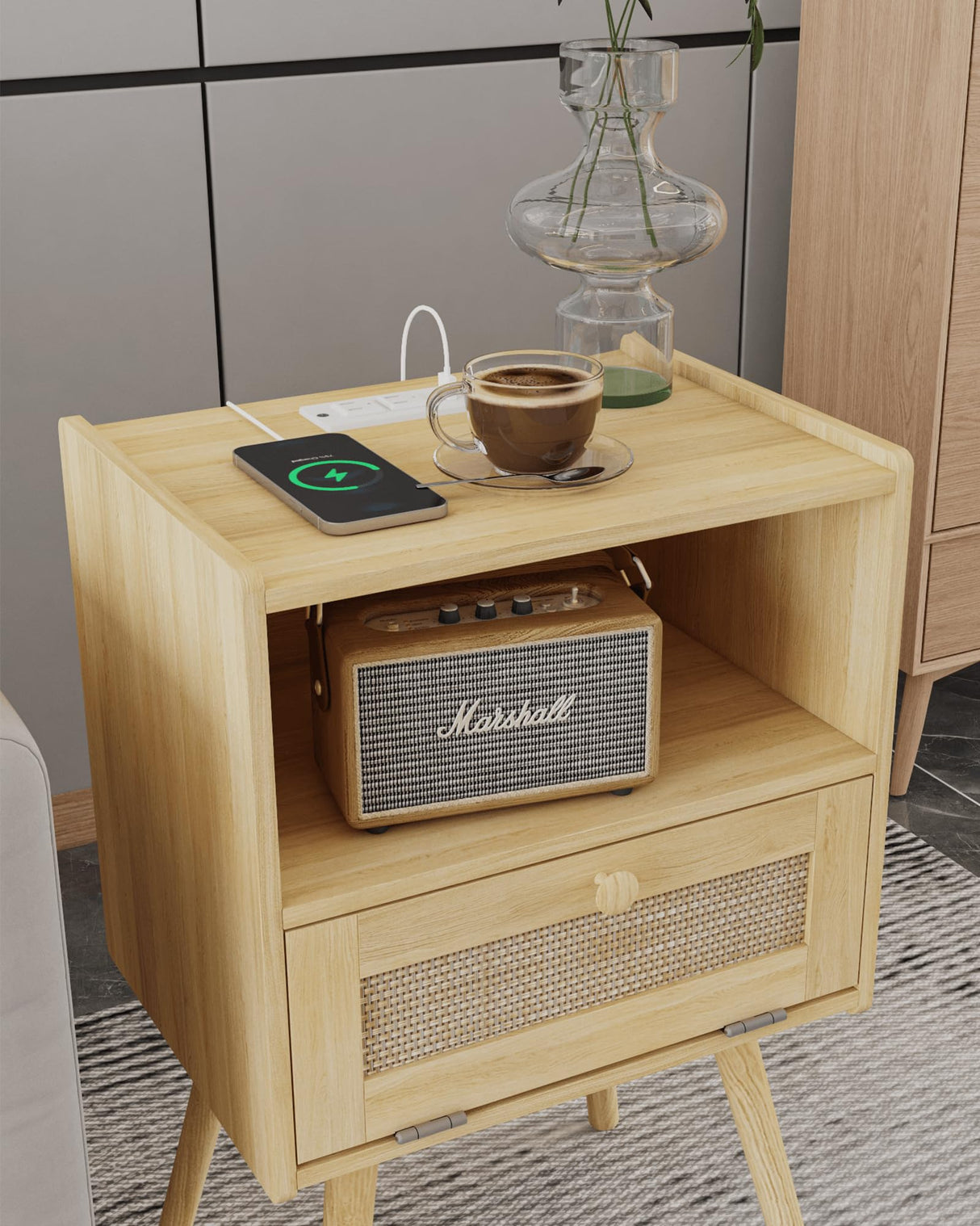 Rattan Nightstand,Farmhouse Bedside Table with Storage Drawer and Open Shelf