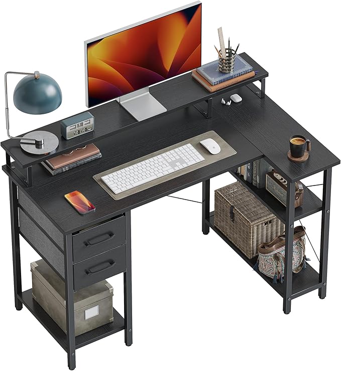 L Shaped Computer Desk with Monitor Stand & Shelves, 47 Inch Corner Home Office Desk Writing Table with Storage Drawer, Brown