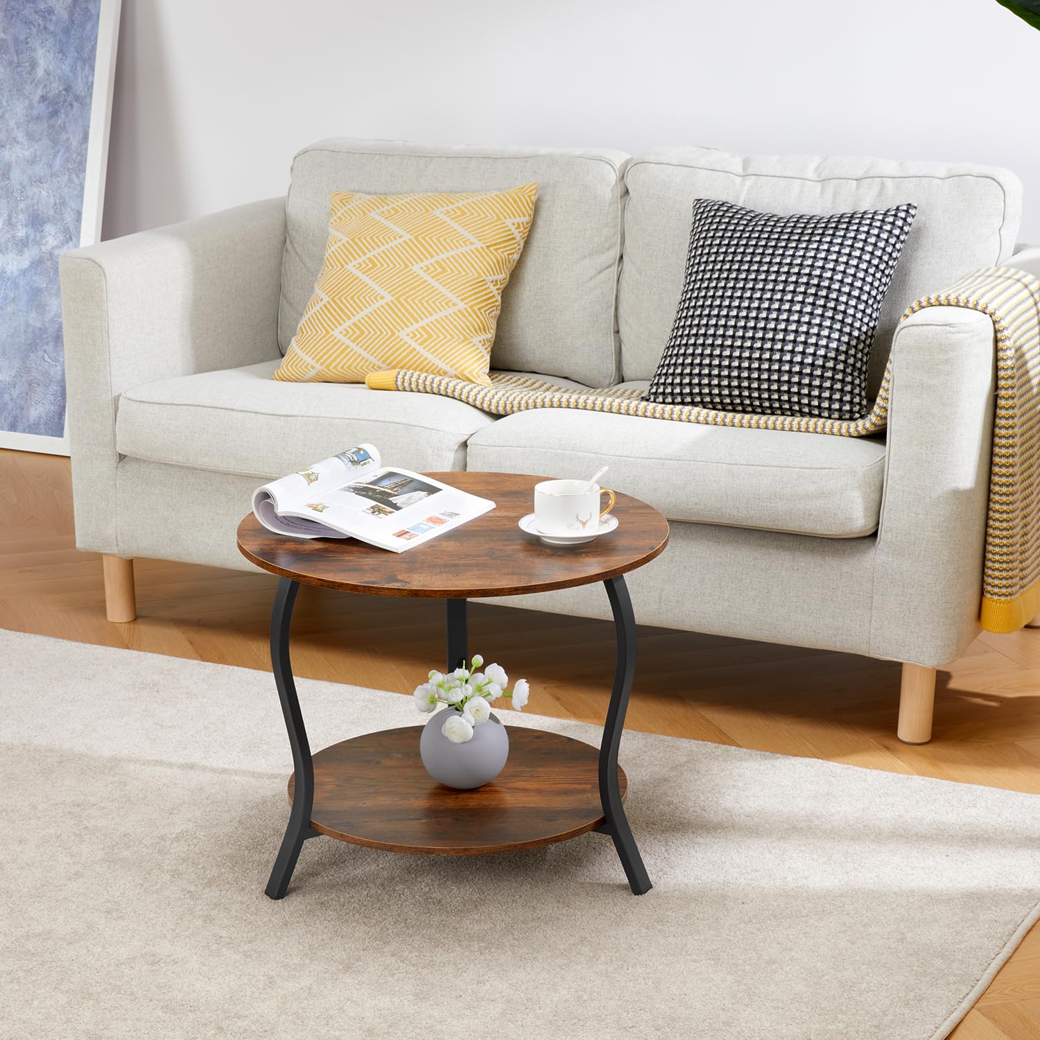 Small Round Coffee Table with Open Storage,23" 2-Tier Coffee Side Tables