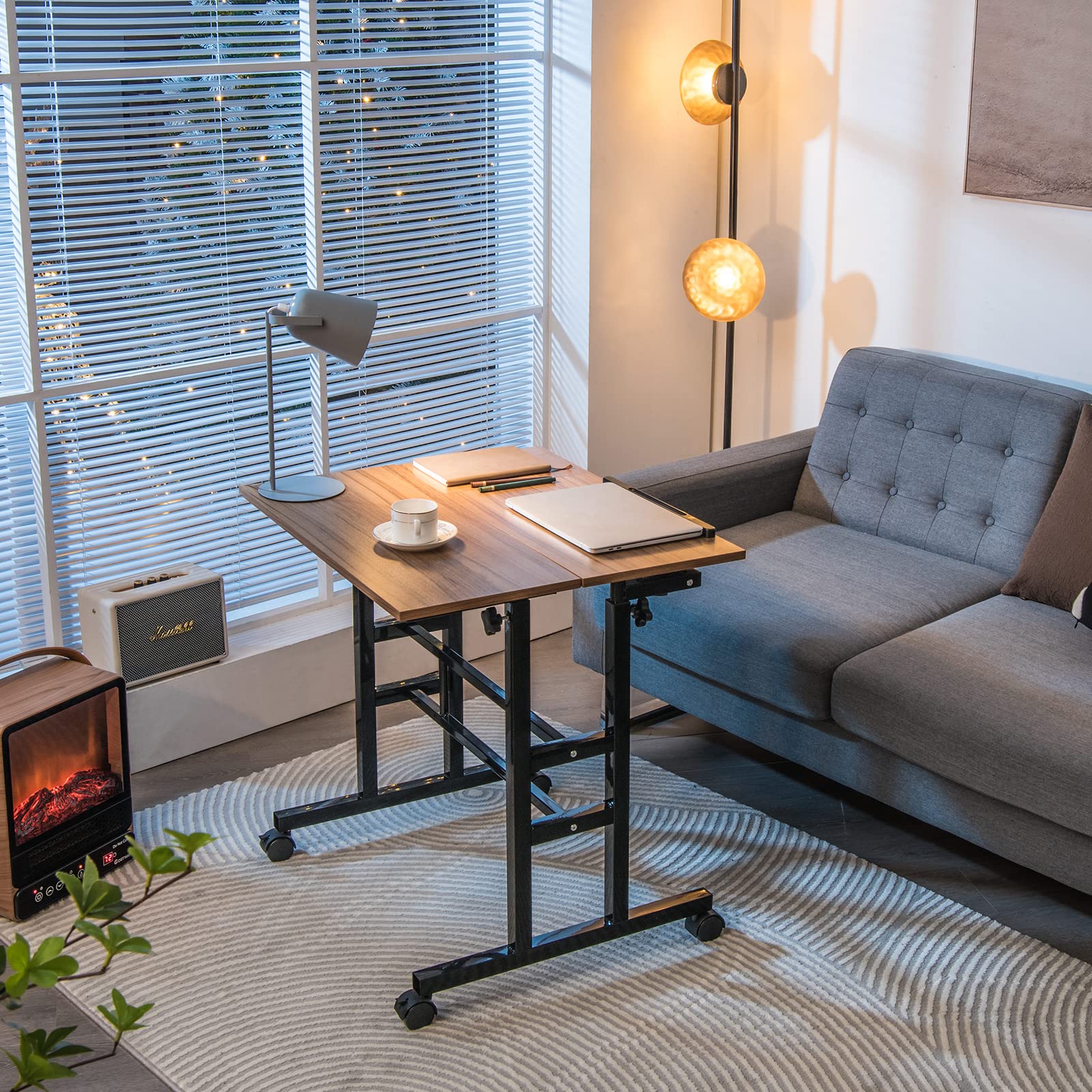 Mobile Standing Desk Stand Up Desk, Height Adjustable Home Office Desk with Standing & Seating 2 Modes, Tilting Tabletop & Flexible Wheels, Rolling Laptop Cart Sit Stand Desk (Walnut)