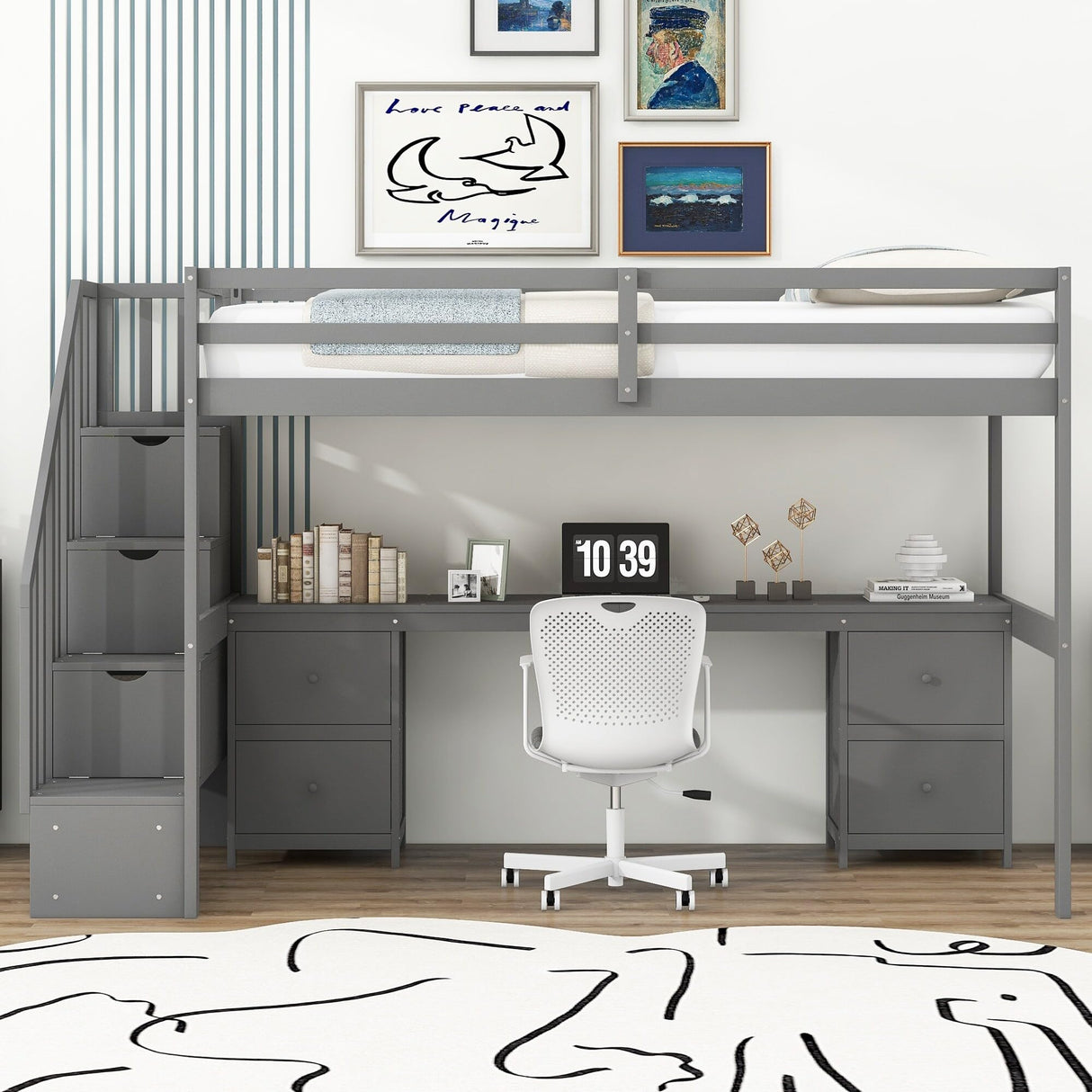 Twin Size Loft Bed Frame with Built-in Desk and Double Storage Drawers