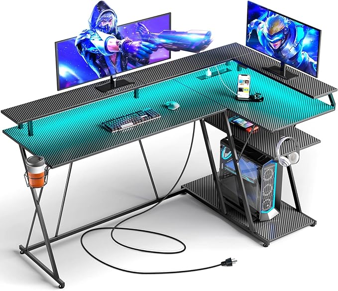 L Shaped Gaming Desk with LED Lights & Power Outlets, 55” Reversible Corner Desk