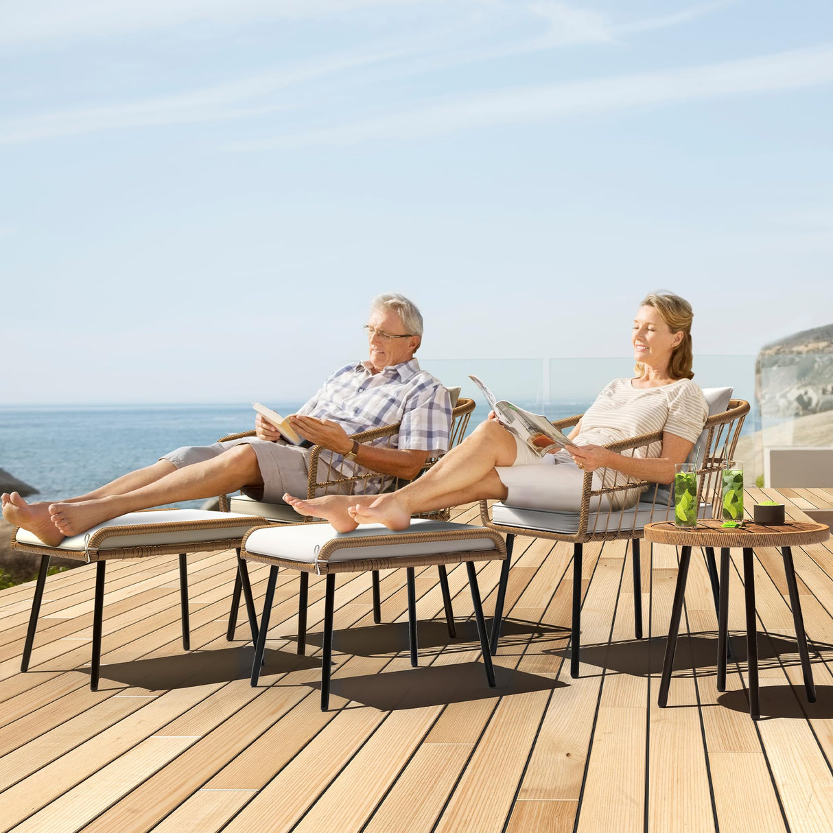 2-Piece Outdoor Wicker Ottoman, All-Weather Patio Rattan Foot Rest