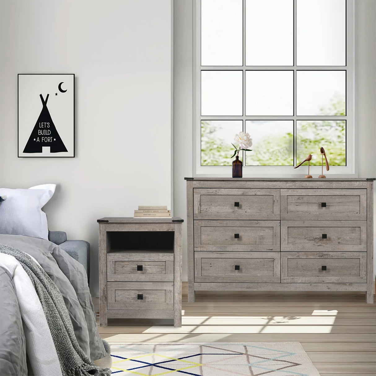 Farmhouse Bedroom Furniture Set, Rustic Wood Double Dresser Chest of Drawers