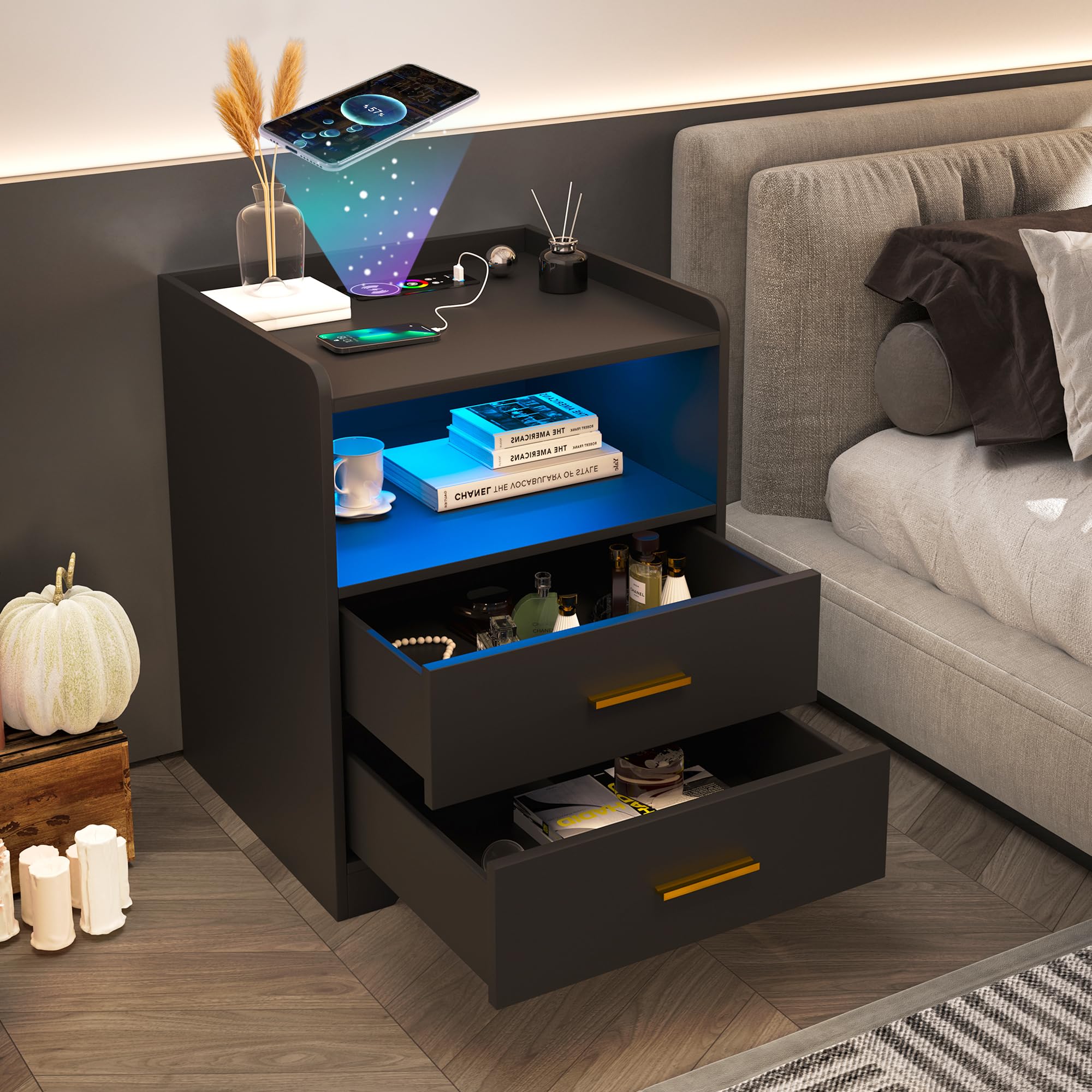 Black LED Nightstand with Charging Station, Night Stands with 24-color RGB LED Lights
