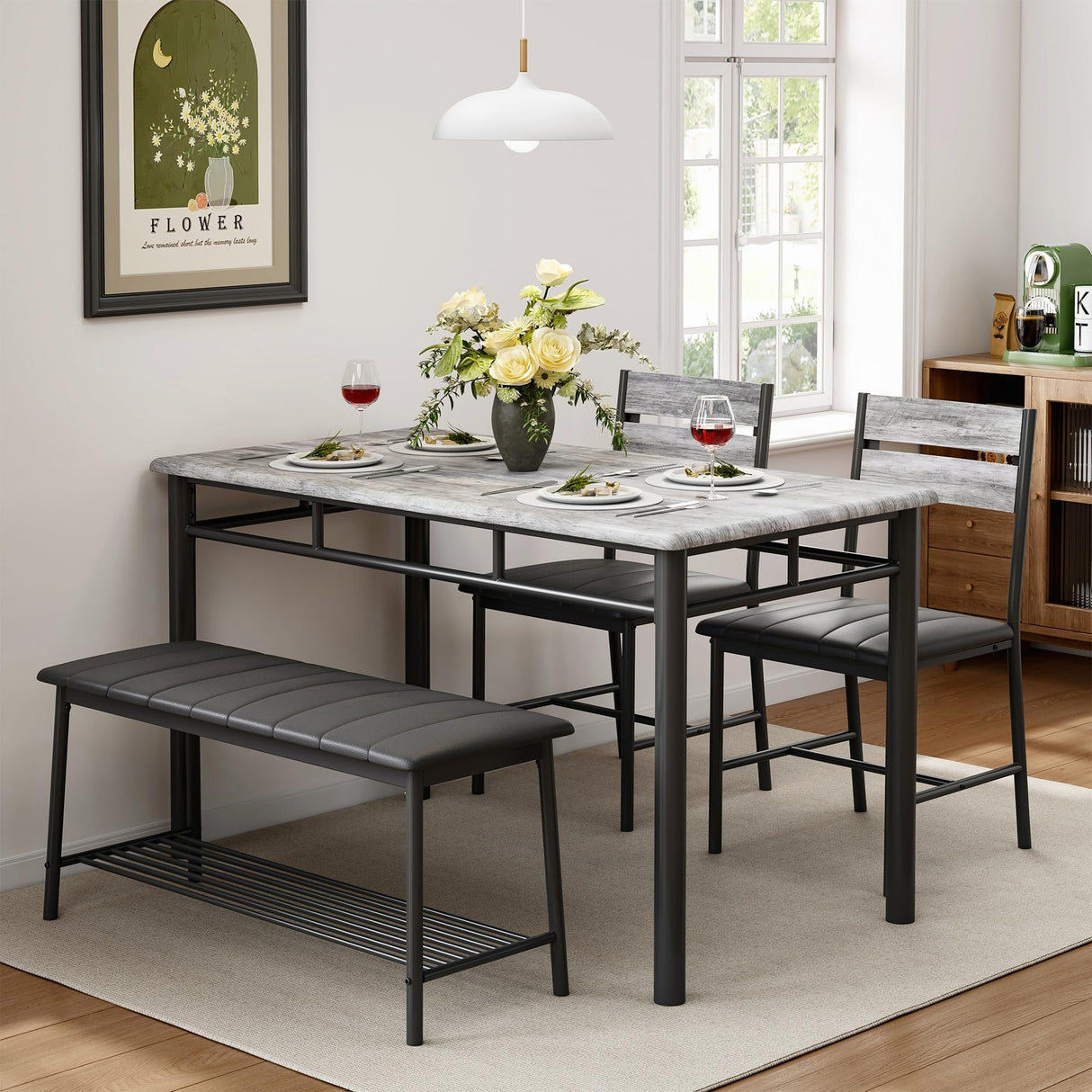 Table Set for 4, Kitchen Table with Upholstered Bench and 2 Chairs, Kitchen Table
