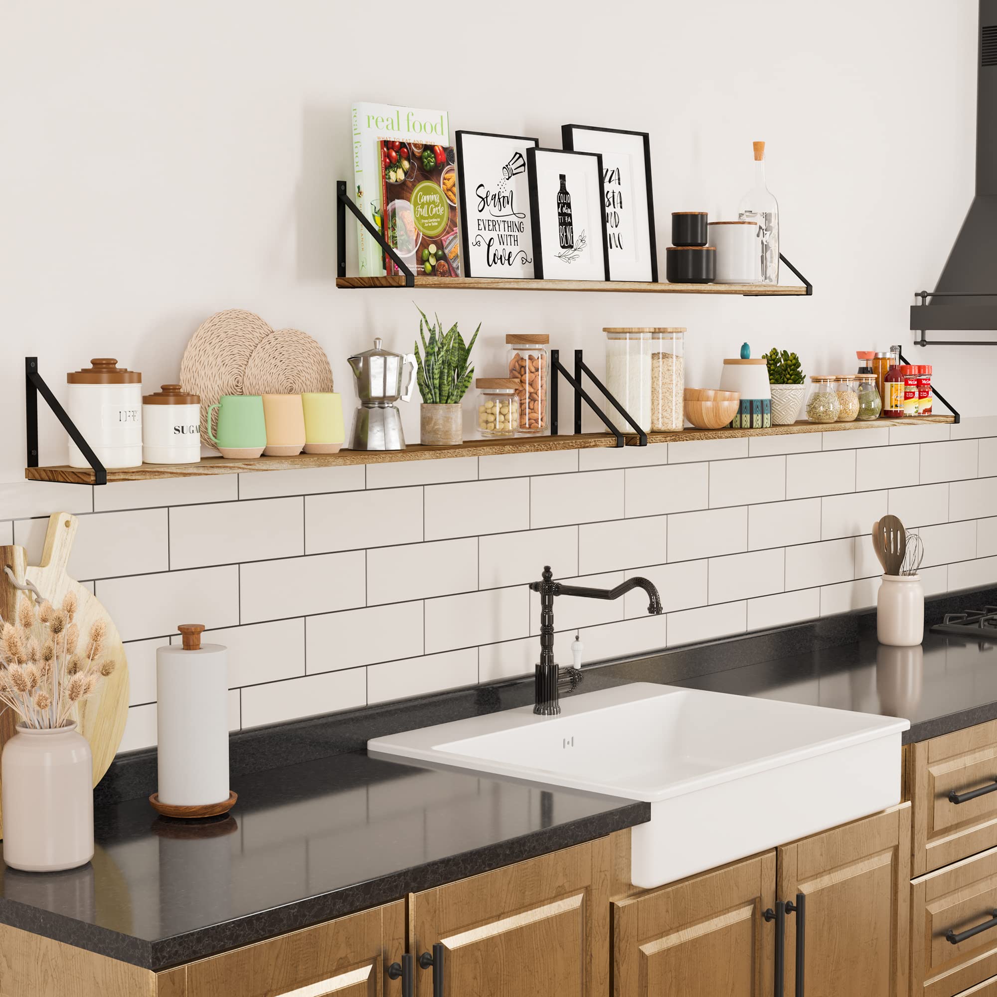 Bora Long Floating Shelves, Wall Bookshelf Living Room Decor Book Shelves for Office, Kitchen Organization Bedroom Decor Burnt, 48"x6" Set of 3