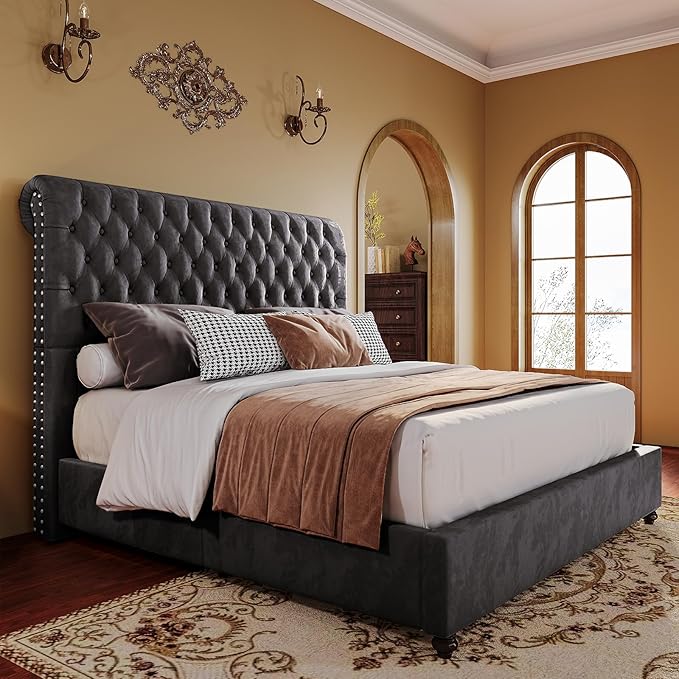 King Bed Frame Upholstered Platform Bed Frame with 52.8'' Tall Sleigh Headboard