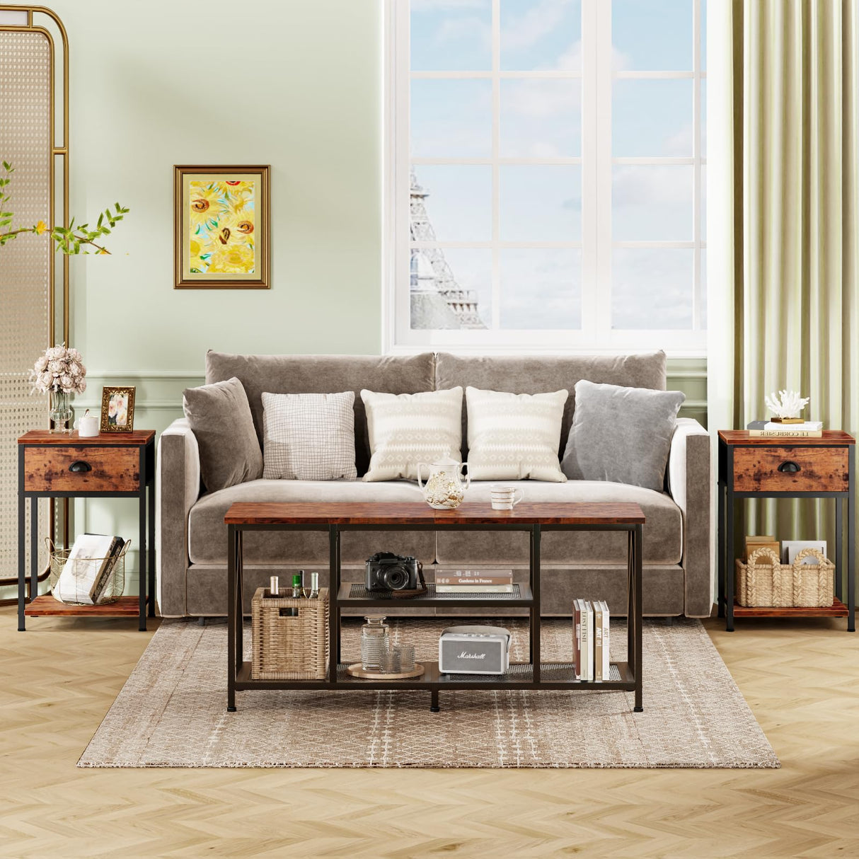 Nightstands Set of 2, Industrial End Table with Fabric Drawer and Storage Shelf, Retro Bedside Tables Organizer, Side Table for Living Room Bedroom, Rustic Brown