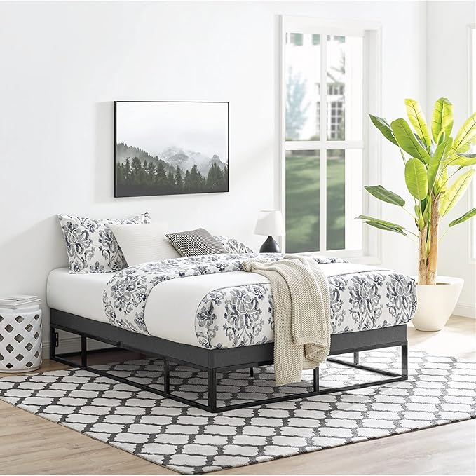 Capri Black Metal Platform Bed Frame with Built-in Grey Upholstered Mattress