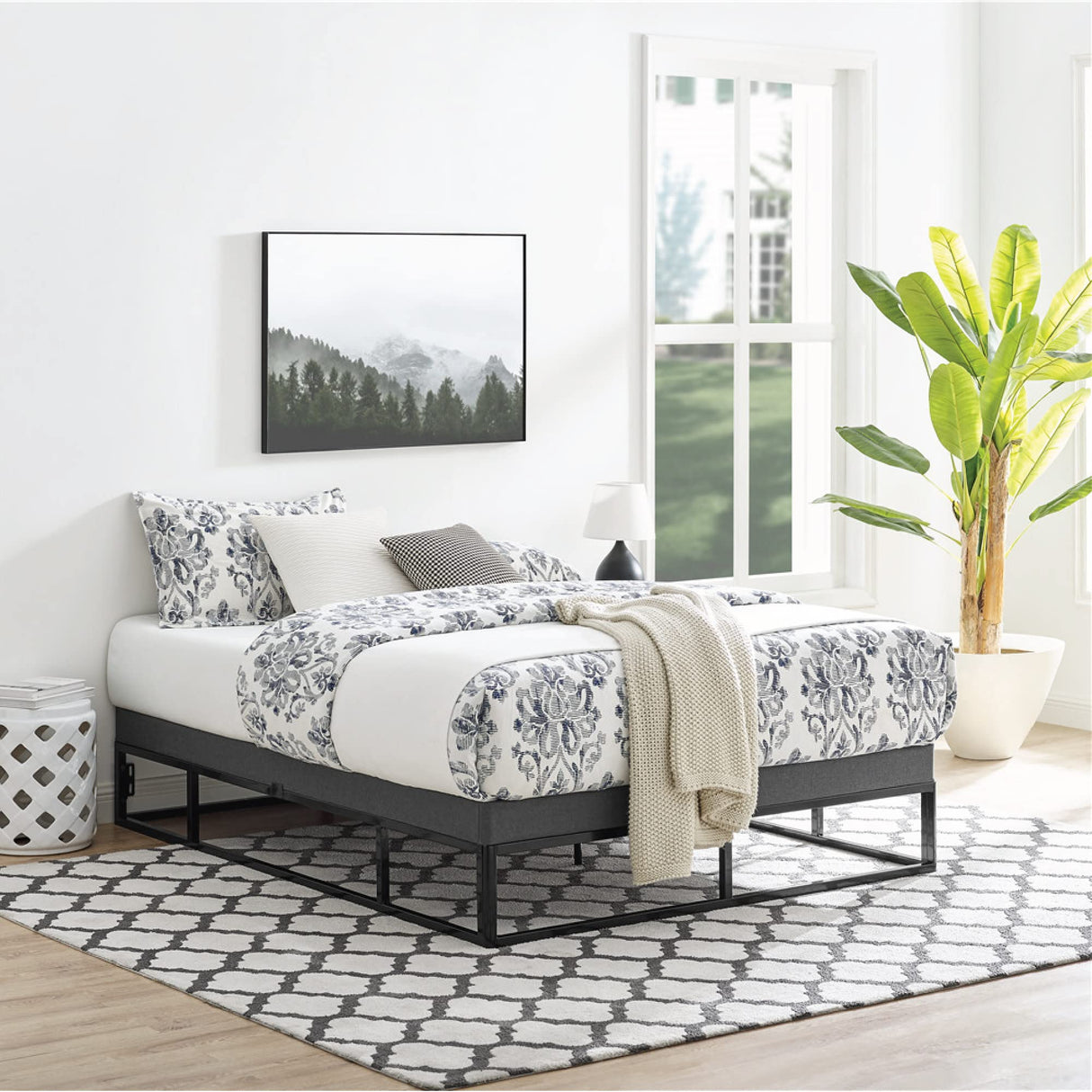 Capri Black Metal Platform Bed Frame with Built-in Grey Upholstered Mattress