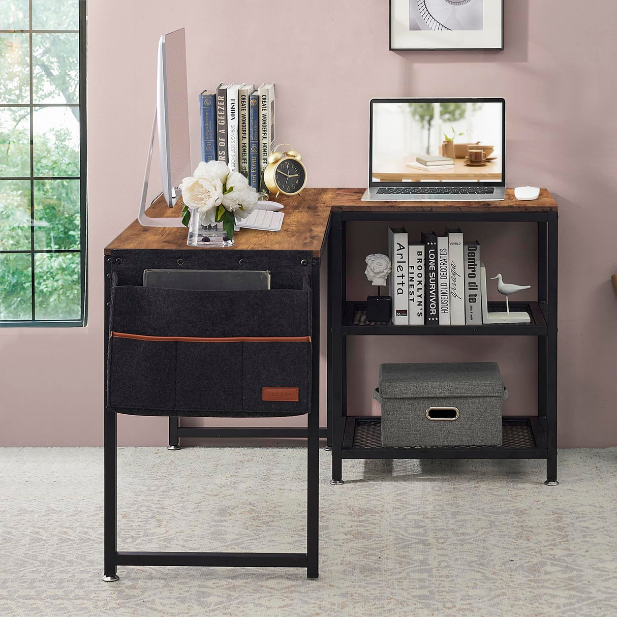 L Shaped Computer Gaming Corner Desk with Storage Bag and Shelf Home Office Table for Study Writing Room, Small Space Workstation, Rustic Brown