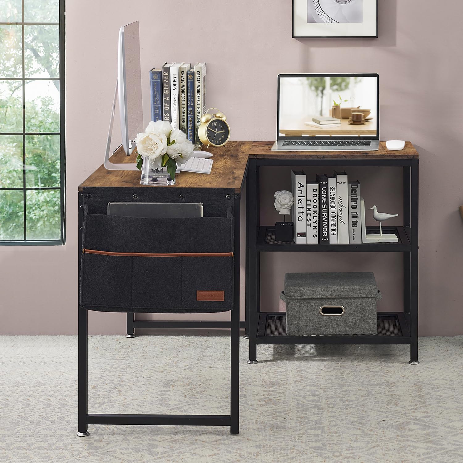 L Shaped Computer Gaming Corner Desk with Storage Bag and Shelf Home Office Table for Study Writing Room, Small Space Workstation, Rustic Brown