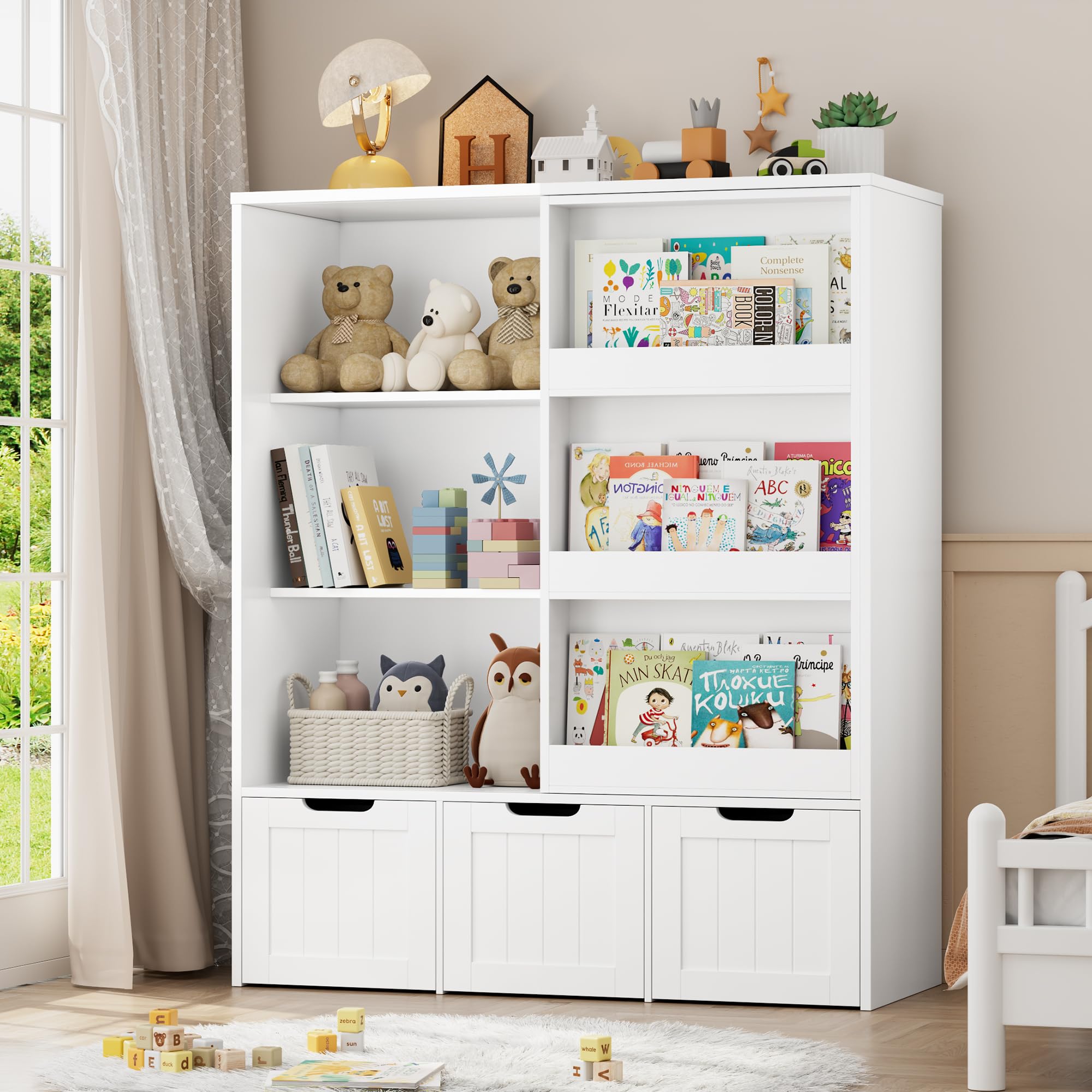 Toy Storage Organizer with Sliding Book Shelf, Toy Organizers and Storage
