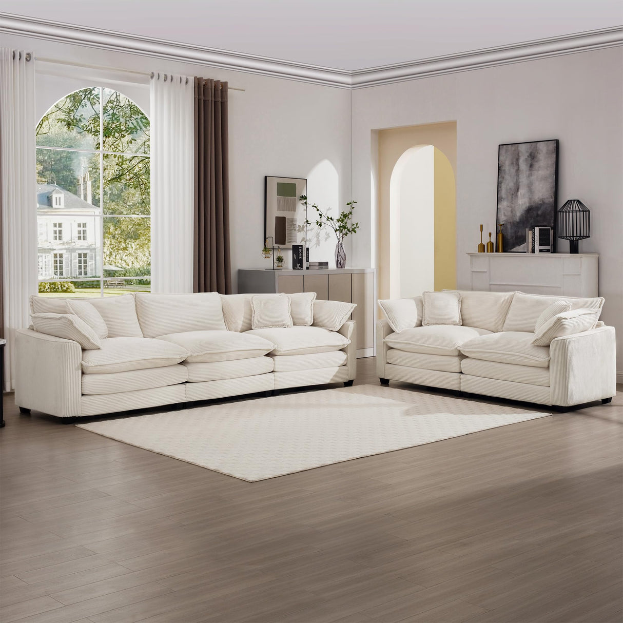 Modern Fabric Living Room Sofa Set - 2-Seat Loveseat & 3-Seat Couch in Light Beige Corduroy