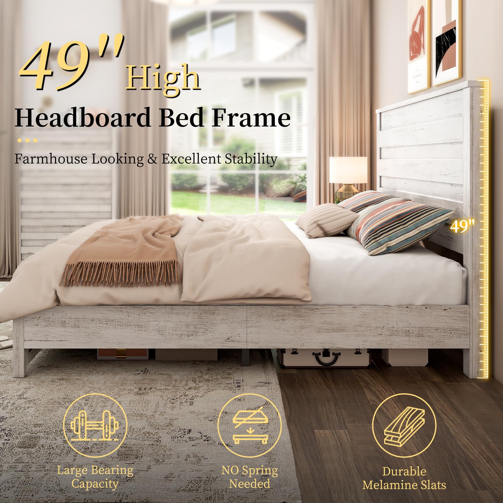 Farmhouse Full Bed Frame with 49" Tall Headboard, Wooden Platform Bed