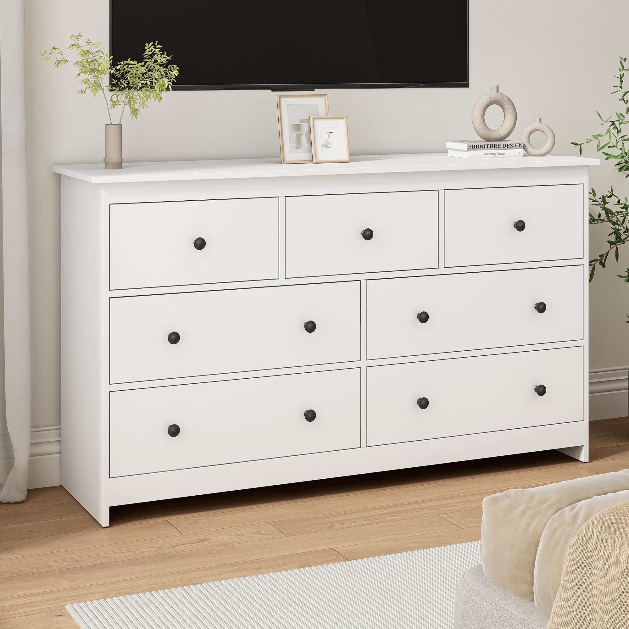 7 Drawer Dresser for Bedroom, 55 Inch White Wooden Large Dresser