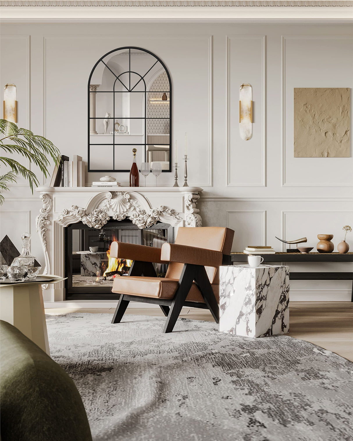 Arched Window Metal Mirror, Black Large Rustic Windowpane Wall Mirror