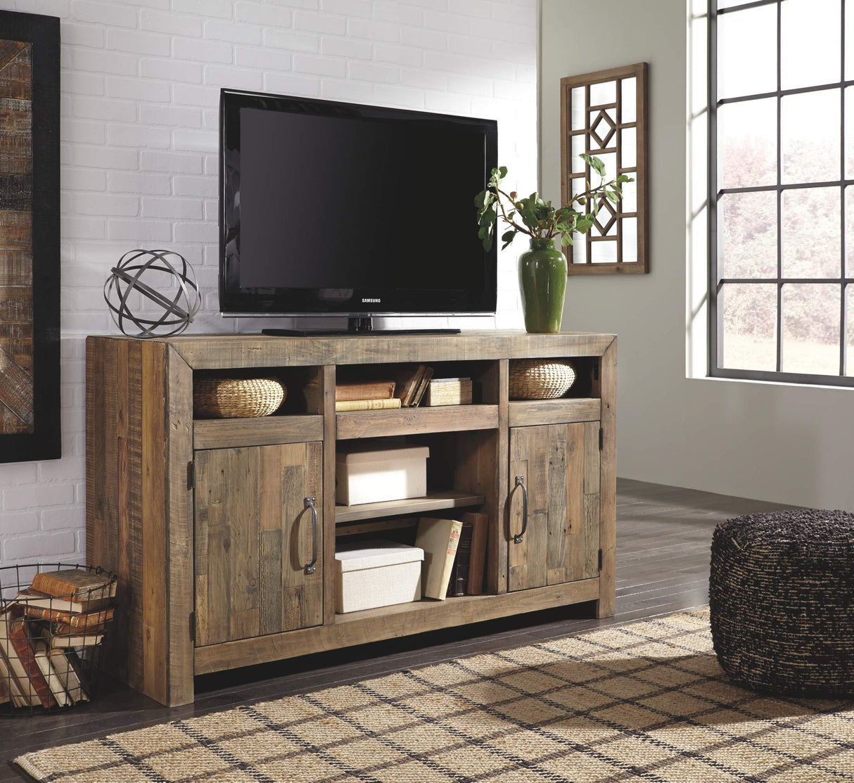 Sommerford Rustic Solid Pine Wood TV Stand Fits TVs up to 60", 2 Cabinets, 3 Storage