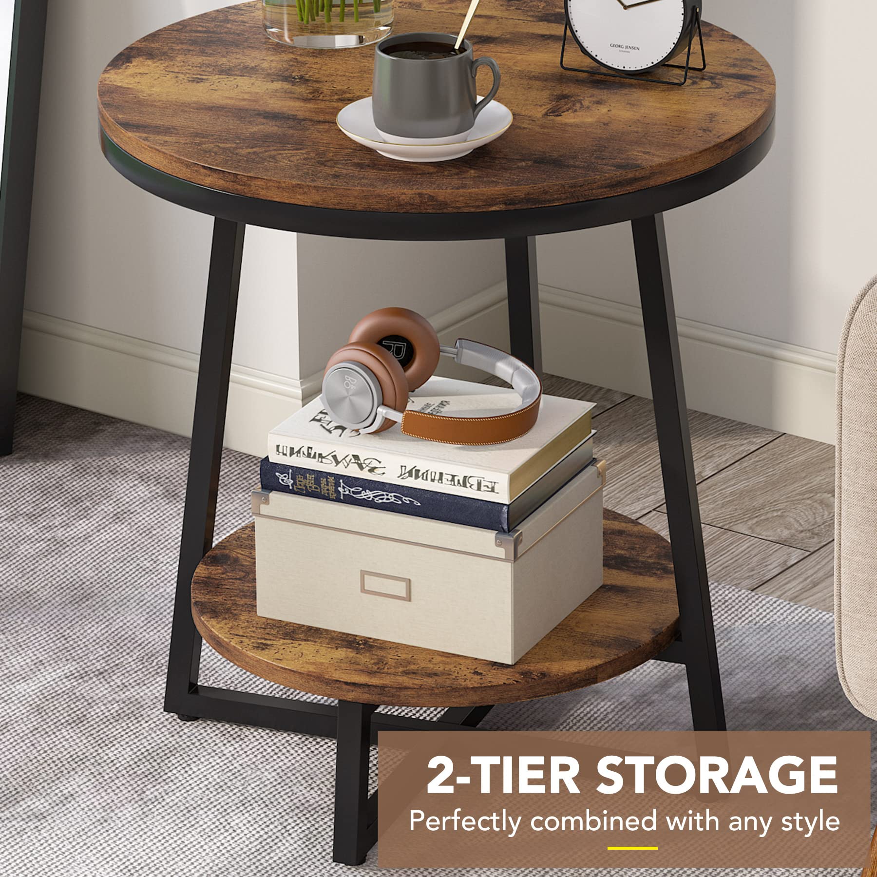 End Table, 2 Tier Round Side Table Accent Table for Living Room, Rustic Brown
