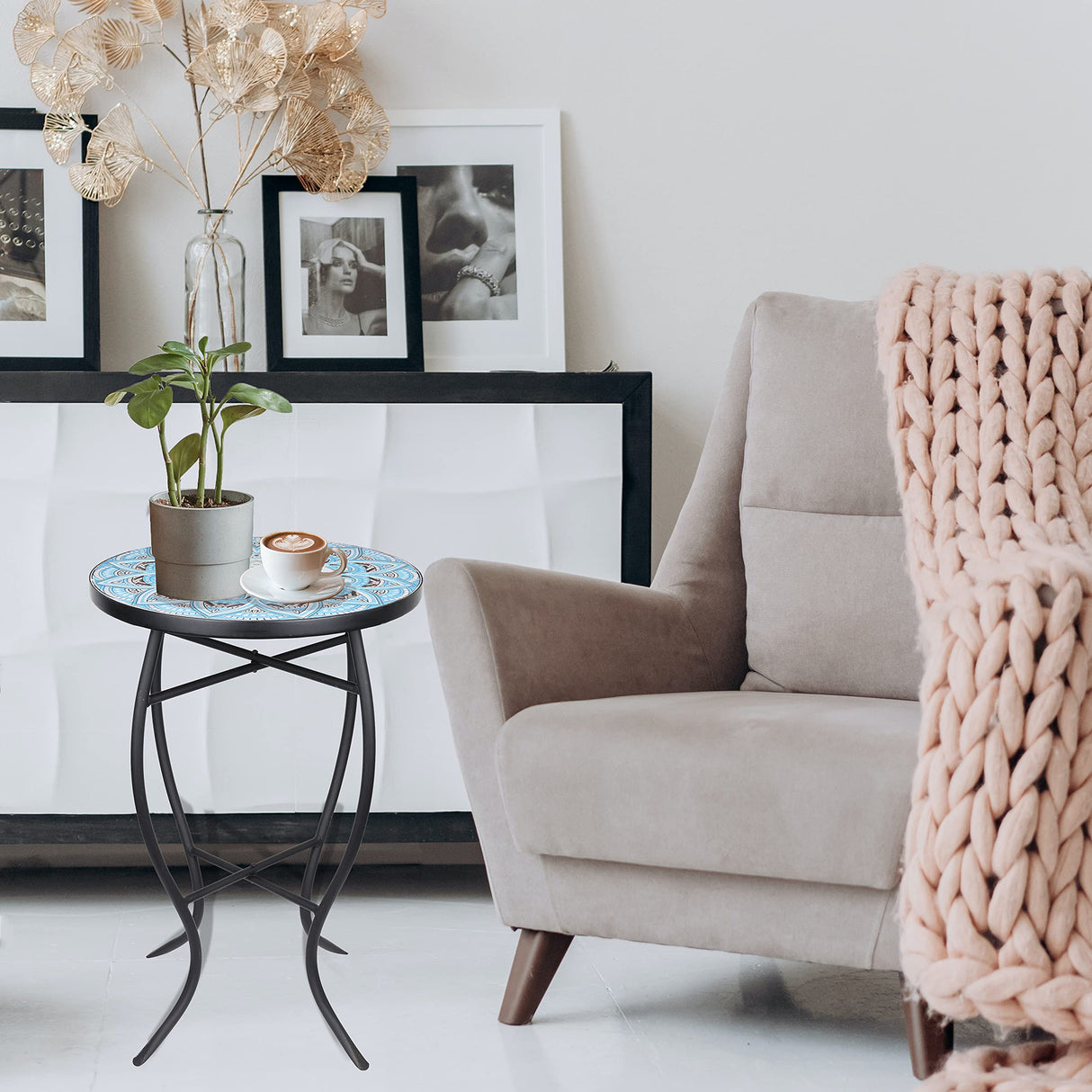 Vipush Mosaic Outdoor Side Table, 14" Round Folding Plant Stand for Patio Garden Backyard Balcony Porch Indoor Accent End Table for Living Room, Ceramic Tabletop with Black Iron, Light Blue - Bircata