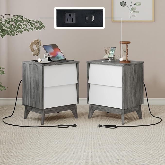 Nightstands Set of 2, Mid-Century End Side Table with Beveled Drawers & Charging Station