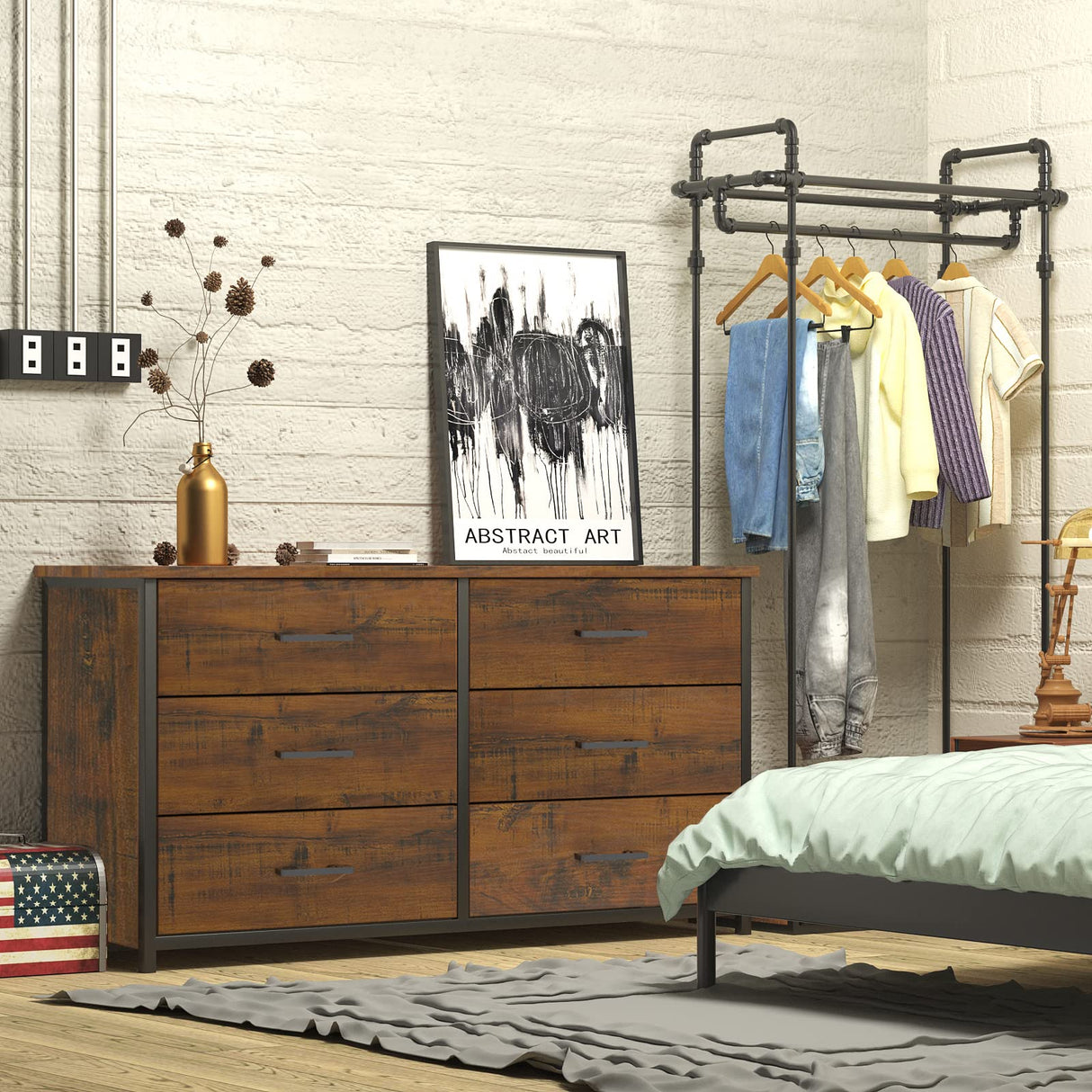 Double Dresser, Industrial Wood Dresser for Bedroom