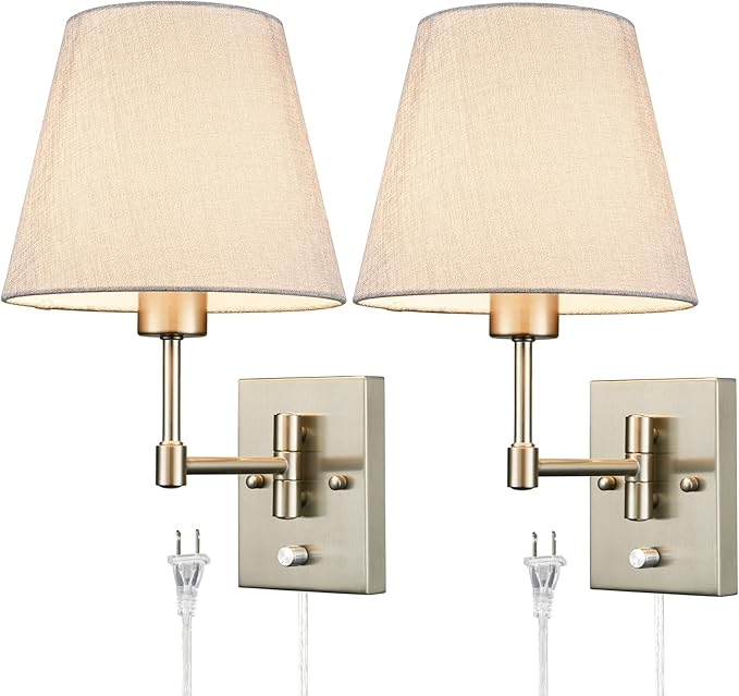 Gold Plug-in Wall Sconces Set of Two Beige Shade Brass Swing Arm Wall Lamp