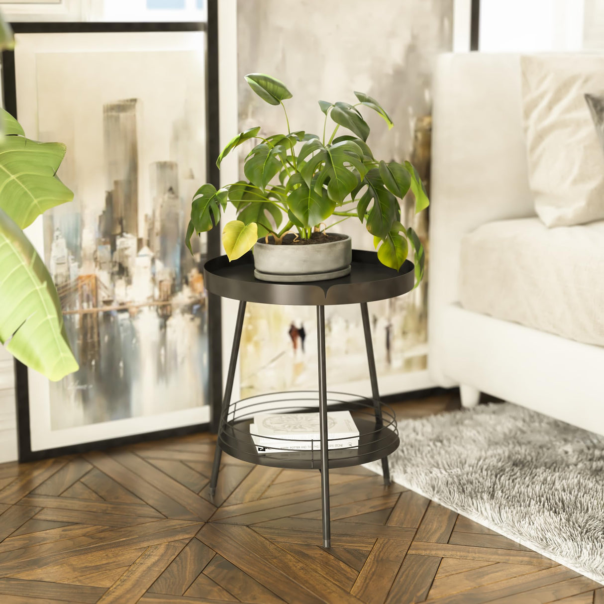 2 Tier Round Side Table, Modern Small Table for Small Spaces Living Room Indoor Outdoor (Black) - Bircata