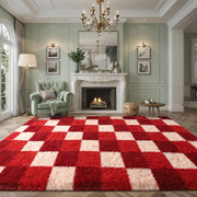 Luxury Fluffy Plaid Rugs for Bedroom Living Room, 4x6 Feet Burgundy Checkerboard Area Rug,