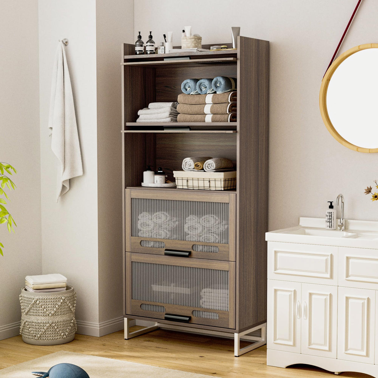 Wooden Storage Cabinet with 4 Drawers, Freestanding Bathroom Cabinets with Acrylic
