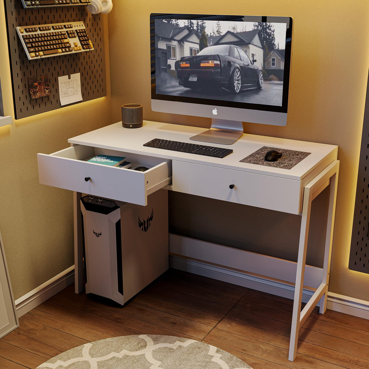 Home Office Desk with Drawers, Small Spaces Writing Desk with Storage for badroom, Work Desk for Home Office, Home Table, White