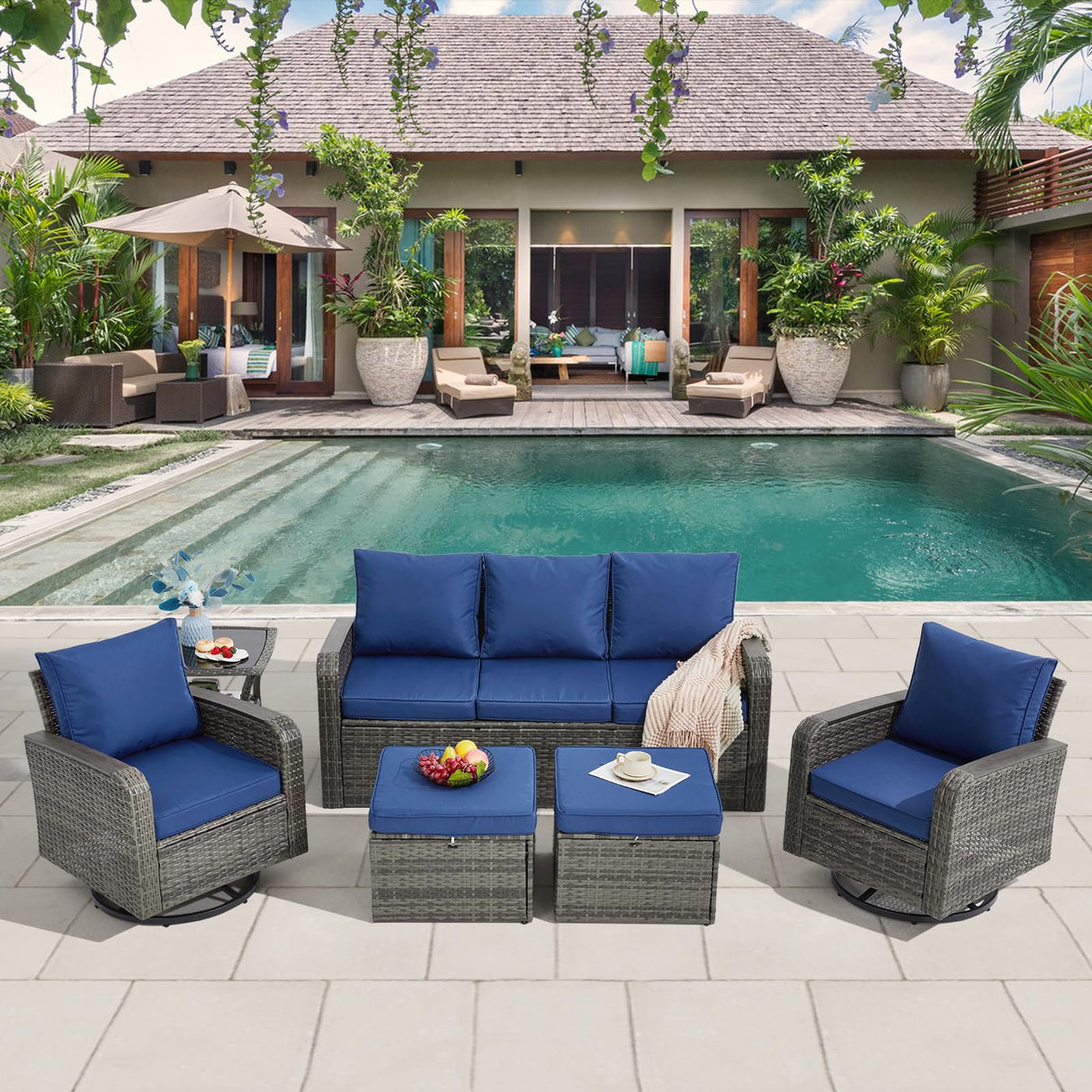 6 Pieces Wicker Patio Furniture Sets, Outdoor Conversation Set PE Rattan Sectional Sofa