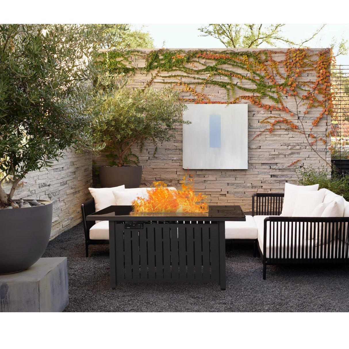 Flamaker Gas Fire Pit Table 43 inch 50000 BTU Outdoors Gas Propane Firepits with Tempered Glass Desktop, Lid & Lava Rock and Waterproof Cover for Deck, Backyard, Patio - Bircata