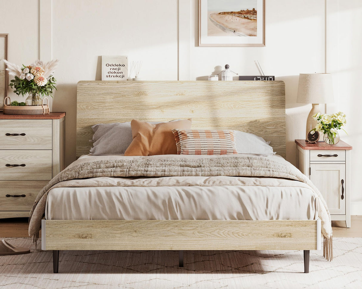 Queen Wood Platform Bed Frame with Ergonomic Headboard