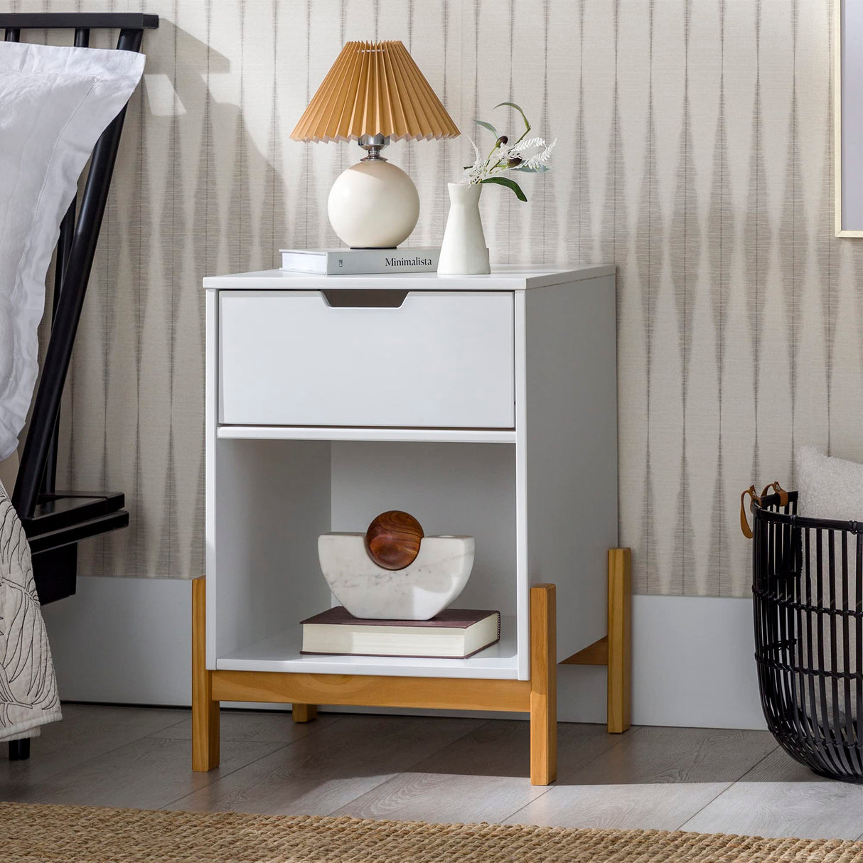 Freja Scandi Minimalist 1-Drawer Solid Wood Nightstand, 16 Inch, White