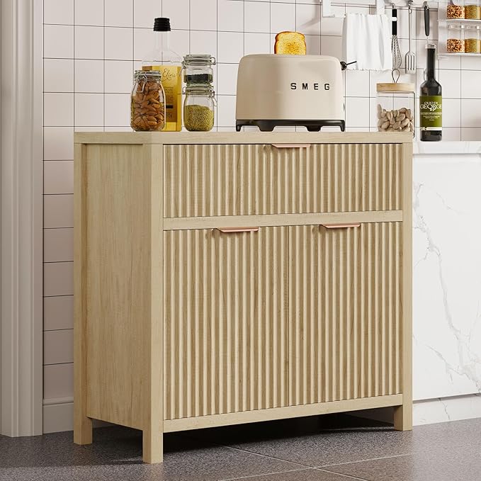 Modern Fluted Black Storage Cabinet with Adjustable Shelf