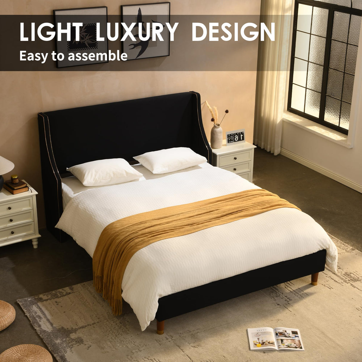 Queen Upholstered Platform Bed Frame with Wingback Headboard