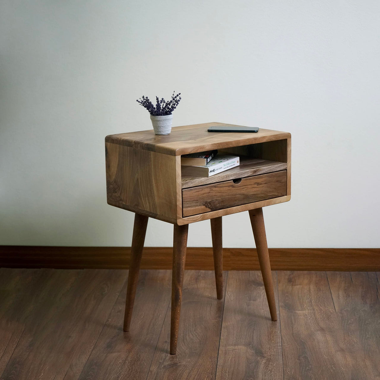 Mid Century Nightstand with Drawer Solid Walnut Bedside Table with Shelf Nightstand