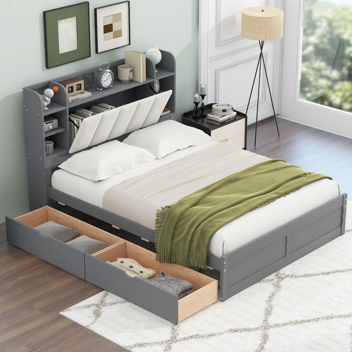 Queen Size Platform Bed with 2 Drawers, Wood Queen Size Platform Bed Frame