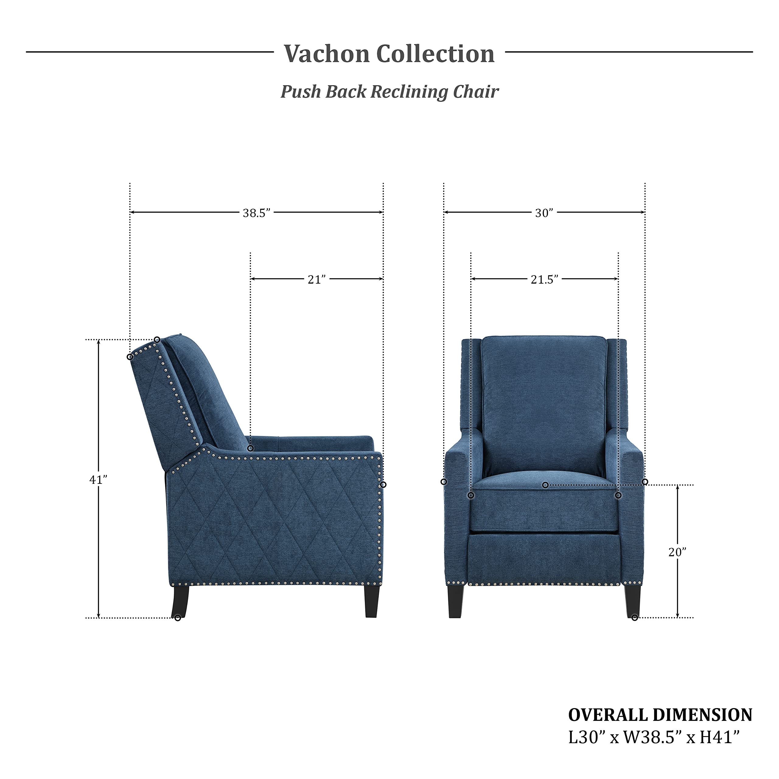 Fabric Push Back Reclining Chair, Navy Blue