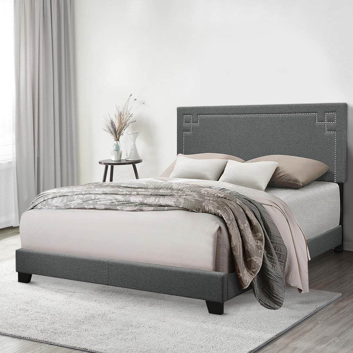 Benjara Fabric Upholstered Queen Bed with Block Legs, Gray, Brown