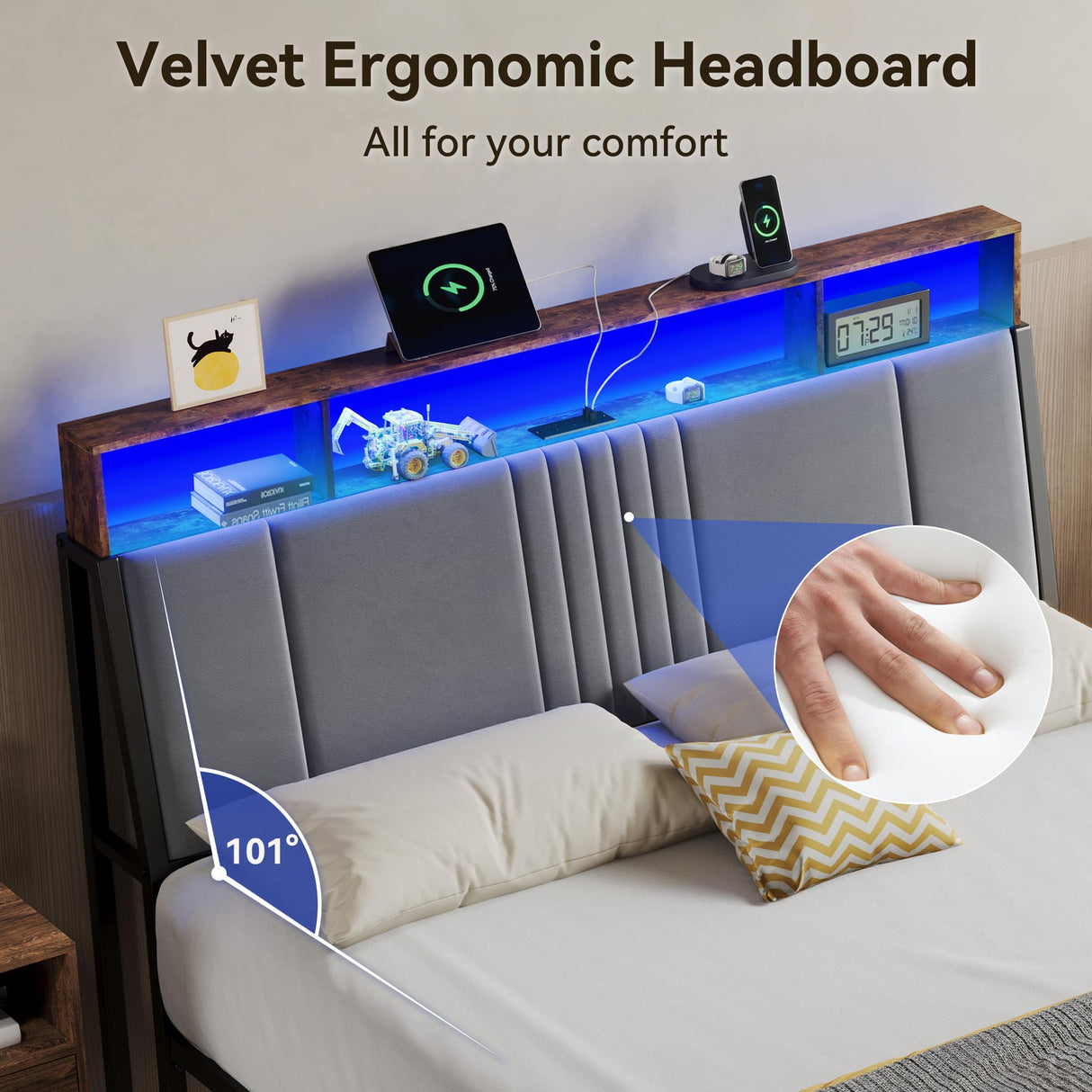 Full Size Upholstered Platform Bed with LED Lights and Charging Station