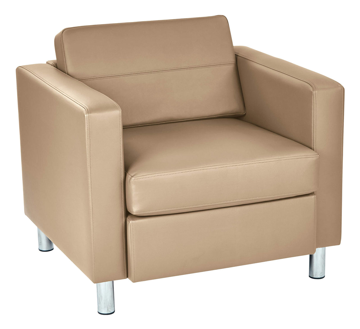 Armchair with Padded Box Spring Seats and Silver Finish Legs, Dillon Buff Faux Leather